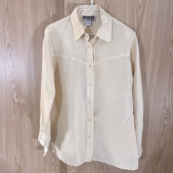 Cream 100% Silk Crystal Rhinestone Blouse - Picture 2 of 7